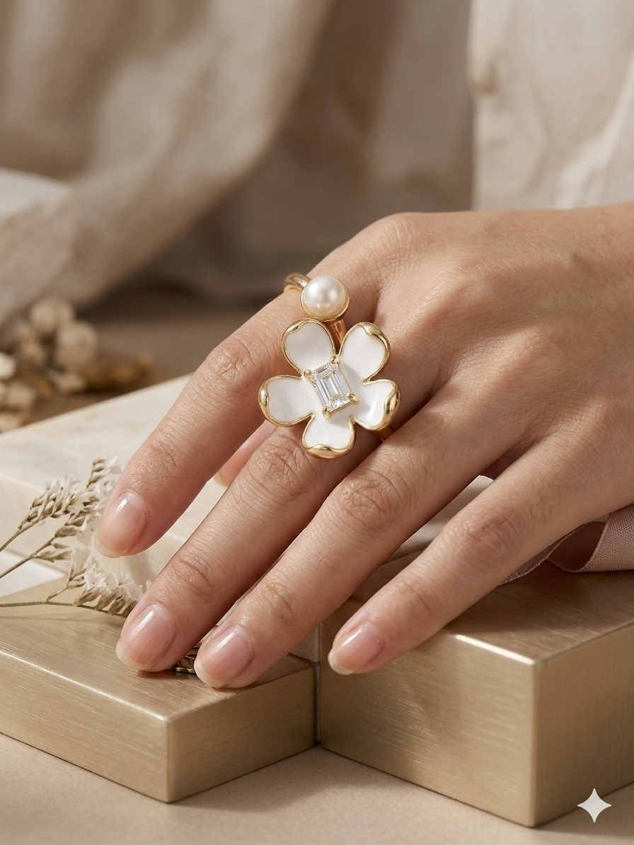 Charming gold enamel flower pearl ring.