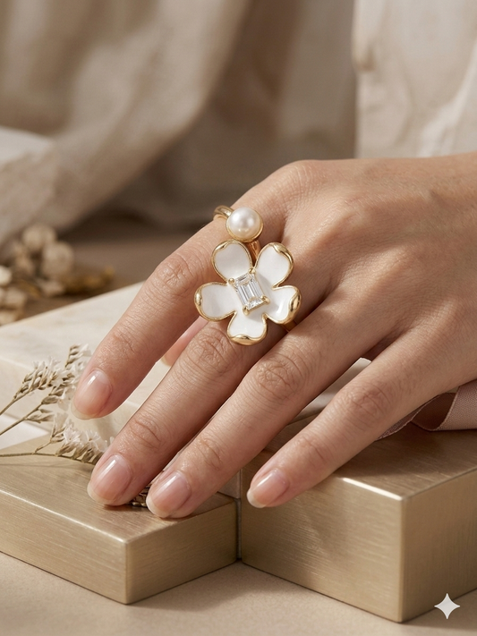 Charming gold enamel flower pearl ring.