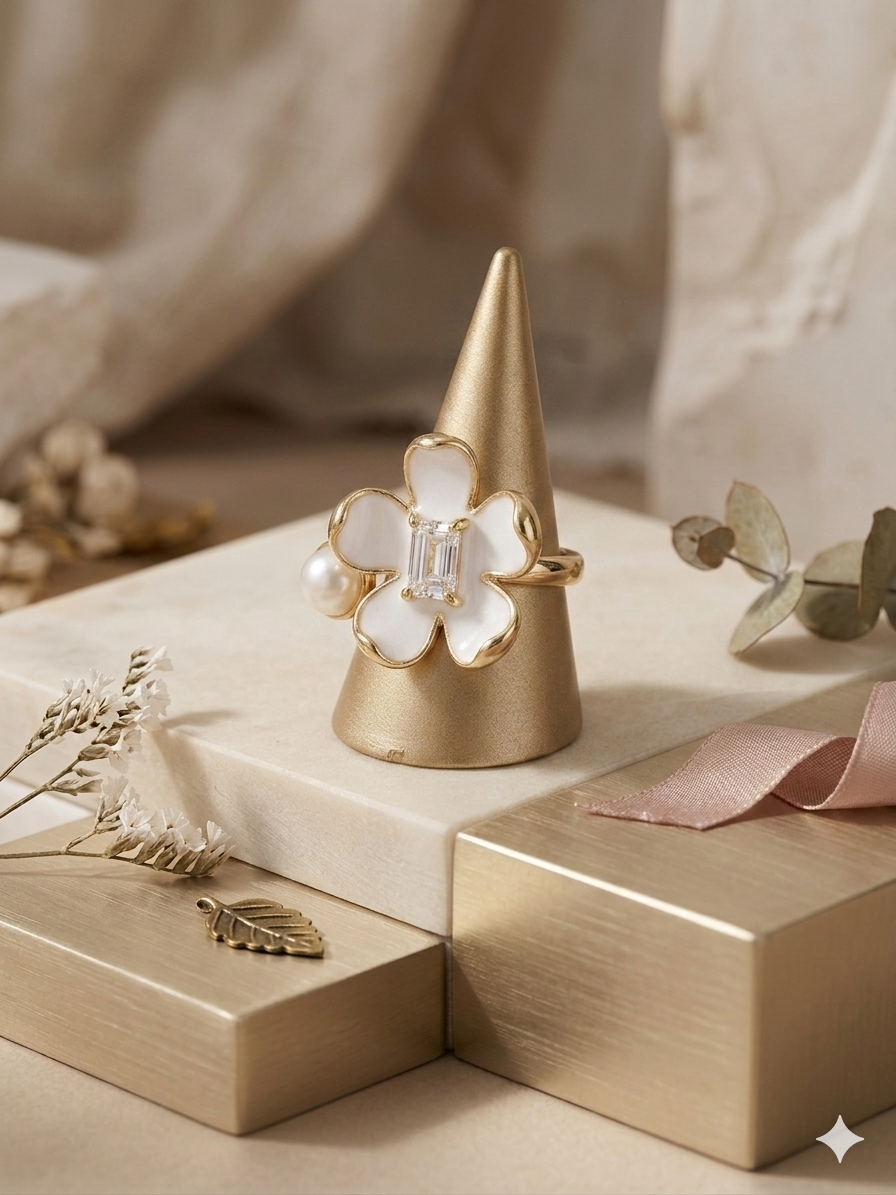 Charming gold enamel flower pearl ring.