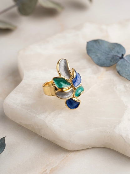 Multicolour enamel leaf ring in gold for women by Nola