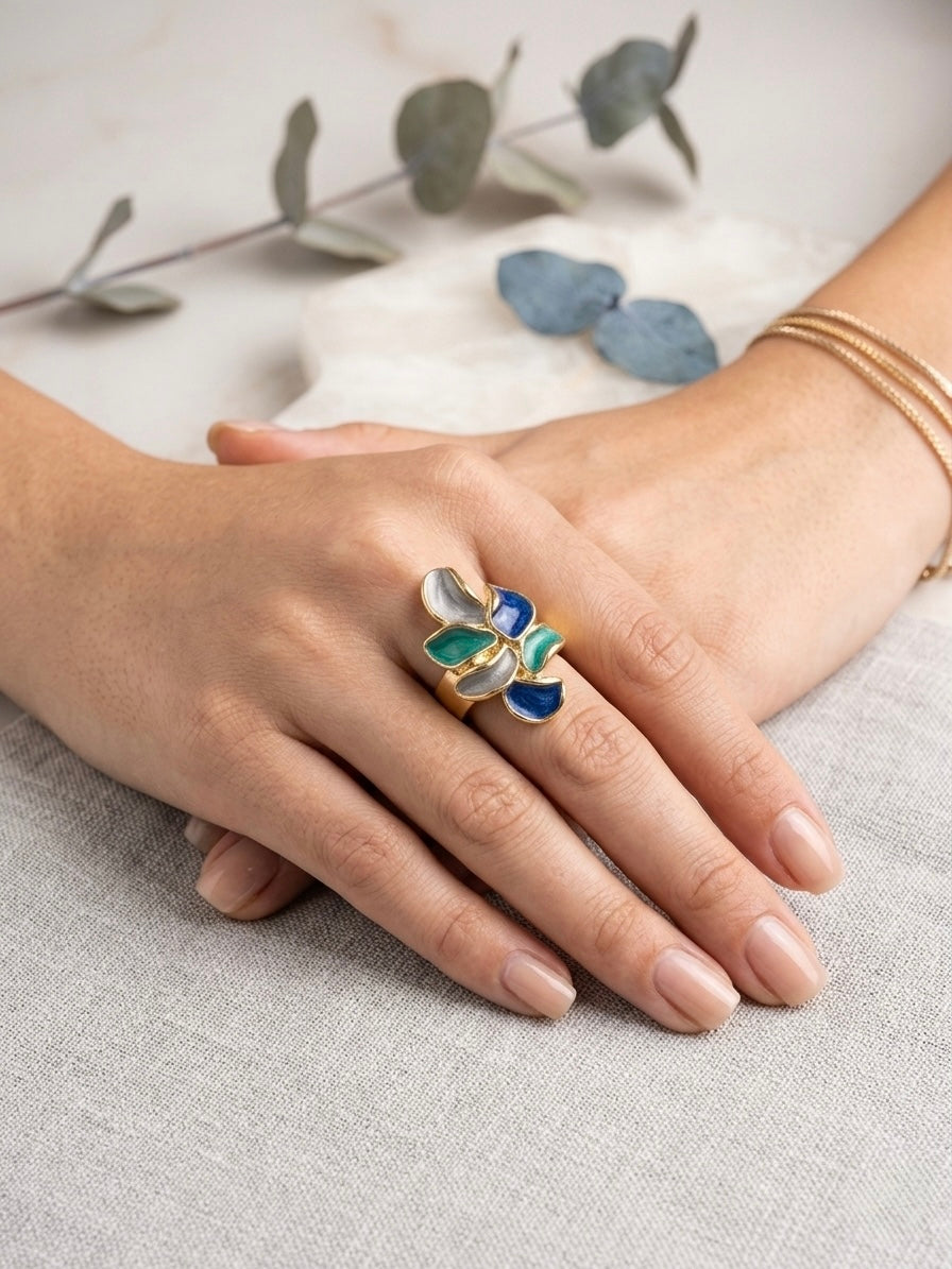 Artistic gold multi-colored enamel leaf ring.