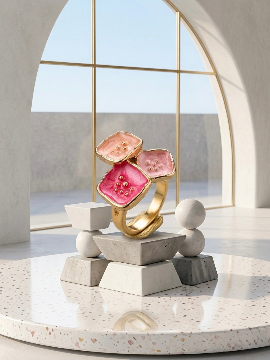 Charming gold triple floral enamel ring.