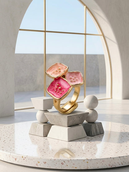 Enamel flower ring showing gold stamen detail