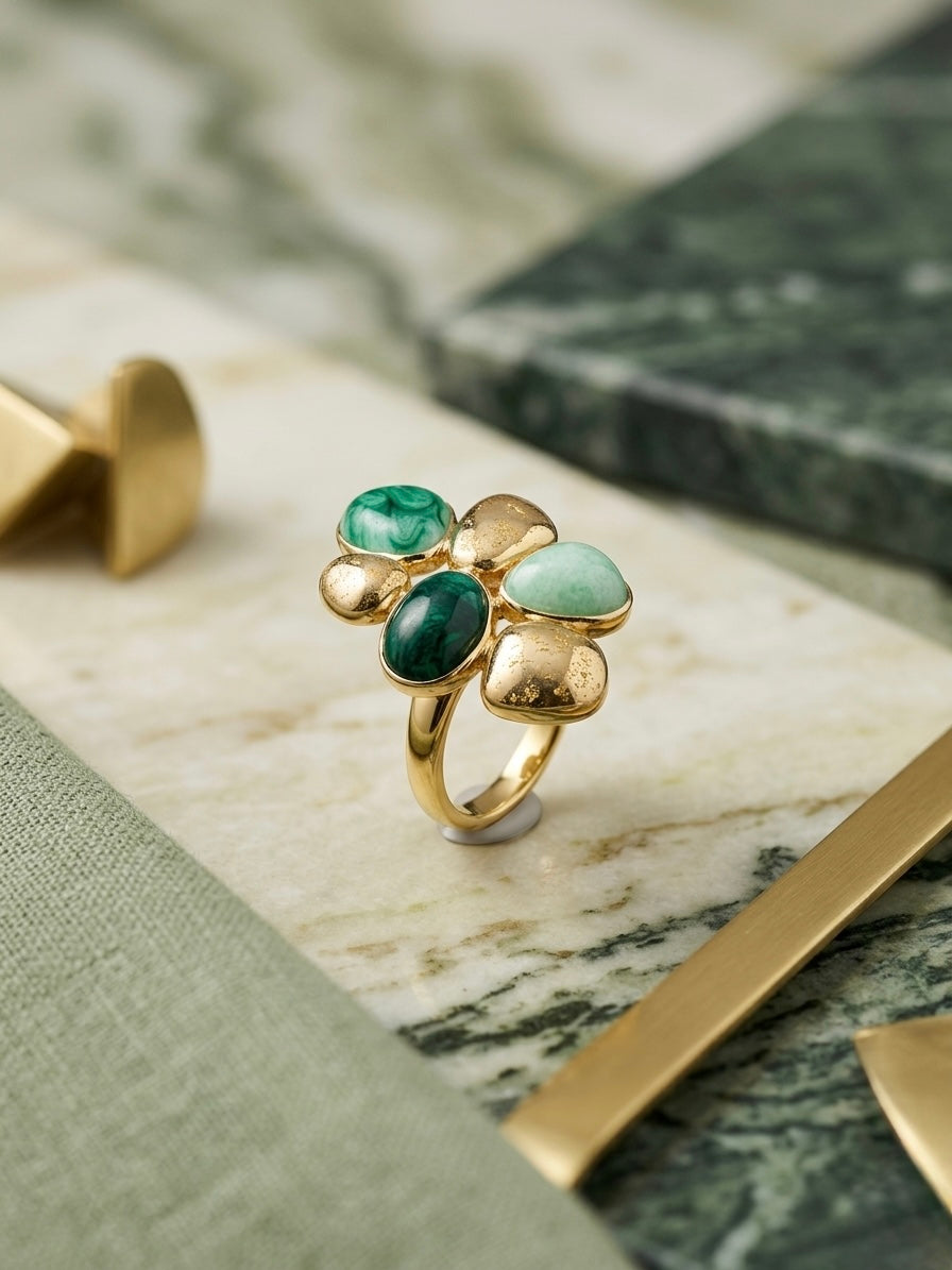 Charming gold flower green enamel ring.