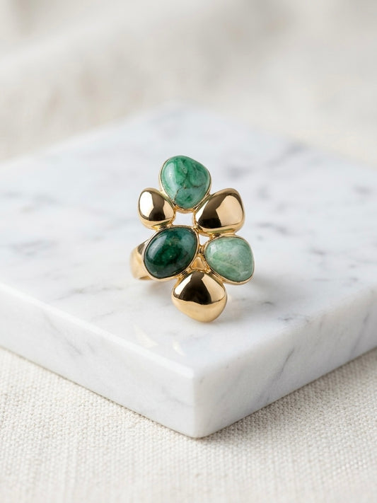 Charming gold flower green enamel ring.