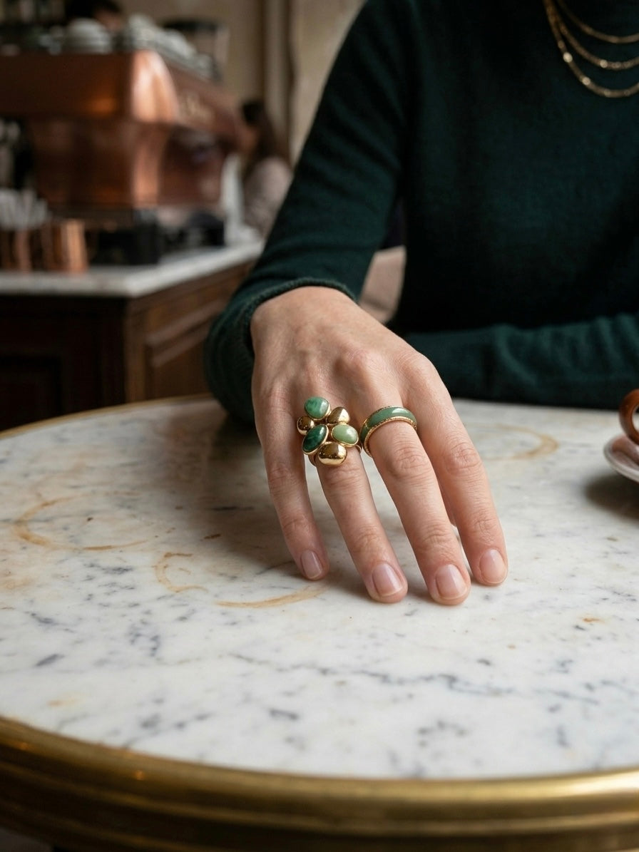 Charming gold flower green enamel ring.