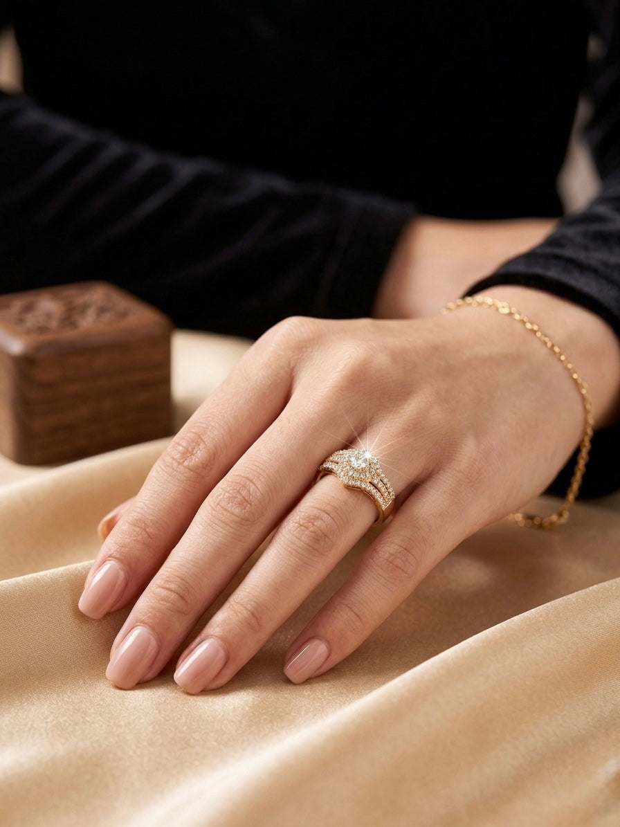 Stunning gold halo split-shank diamond ring.