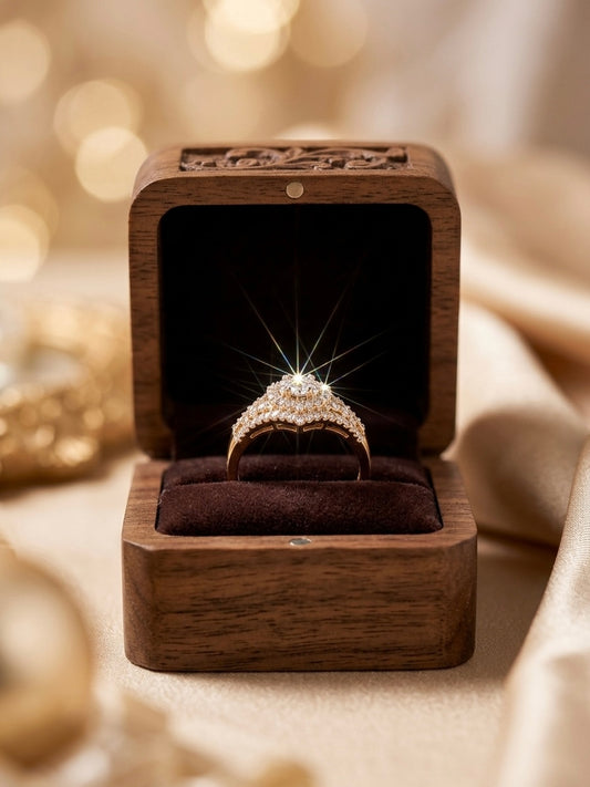 Stunning gold halo split-shank diamond ring.