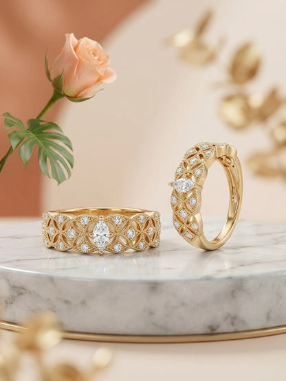 Vintage-inspired gold lattice diamond ring.