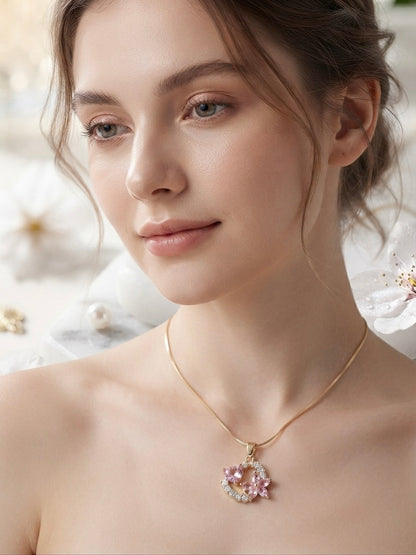 Exquisite Floral & Heart Gold-Tone Pendant Necklace