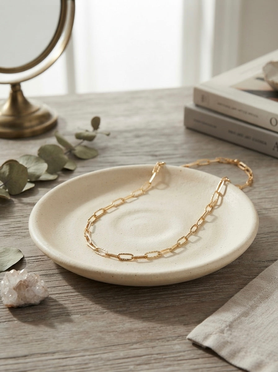 Textured link gold-tone chain necklace for women, anti-tarnish finish