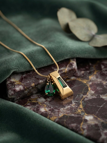 Geometric Sculptural Green Crystal Pendant Necklace