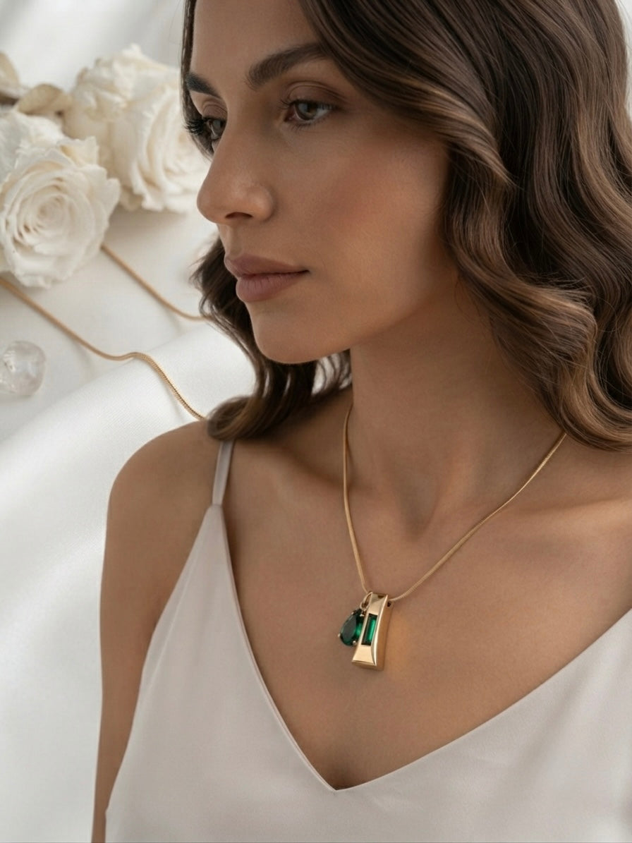 Geometric Sculptural Green Crystal Pendant Necklace