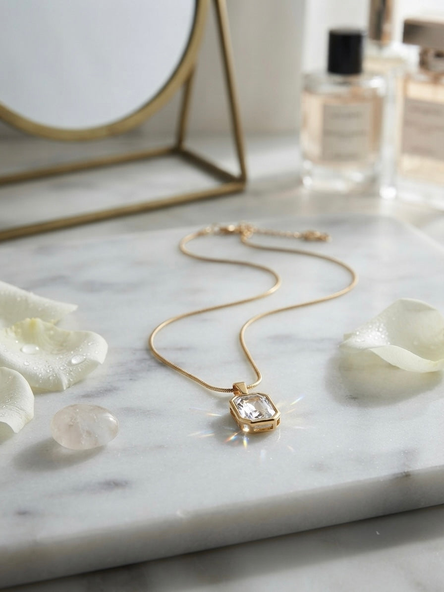 Exquisite Solitaire Crystal Gold-Tone Pendant Necklace