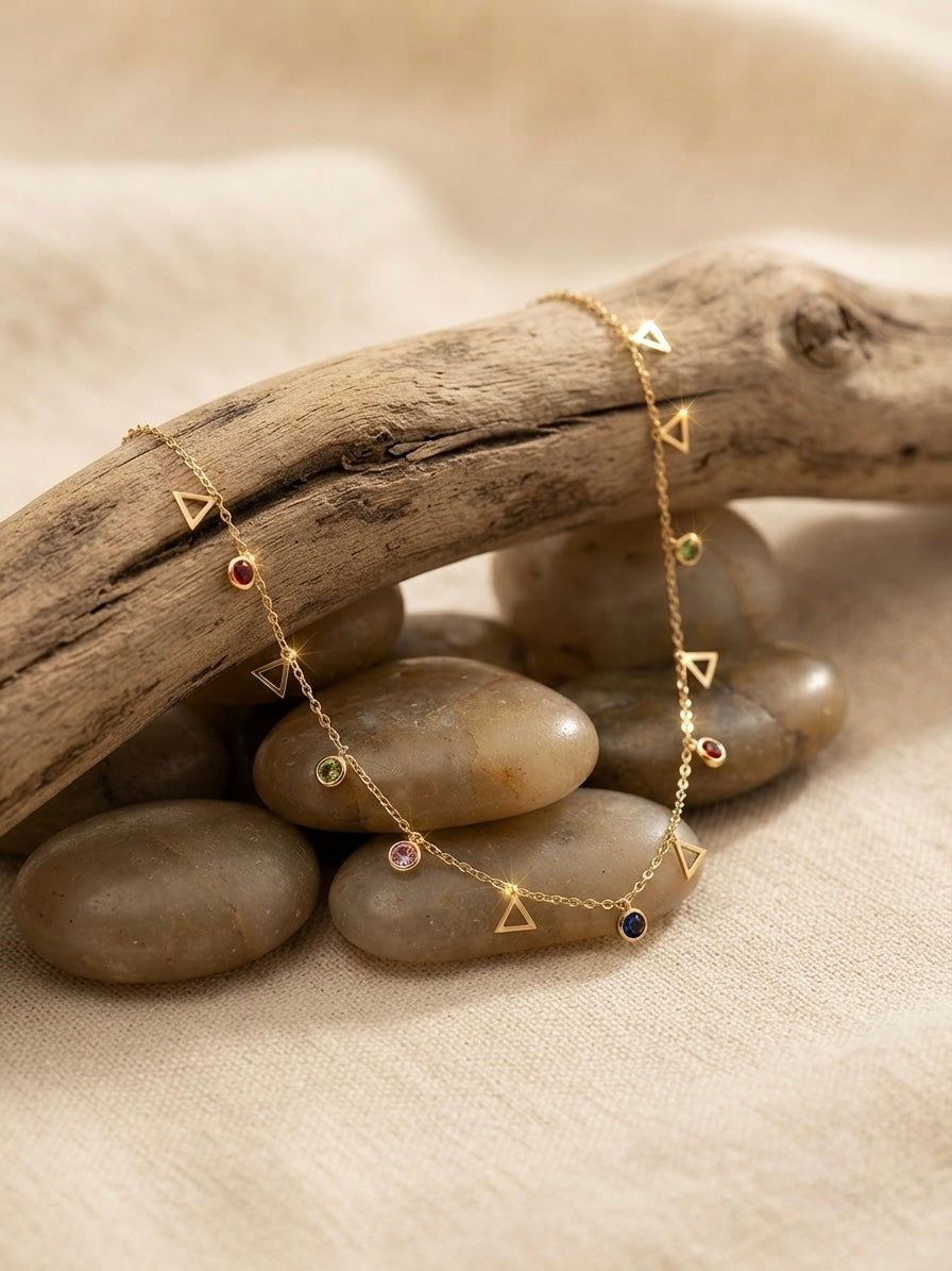 Whimsical Multi-Color Crystal & Triangle Charm Necklace