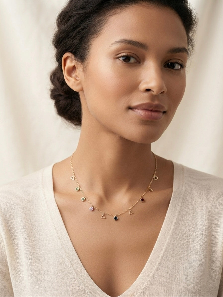 Whimsical Multi-Color Crystal & Triangle Charm Necklace