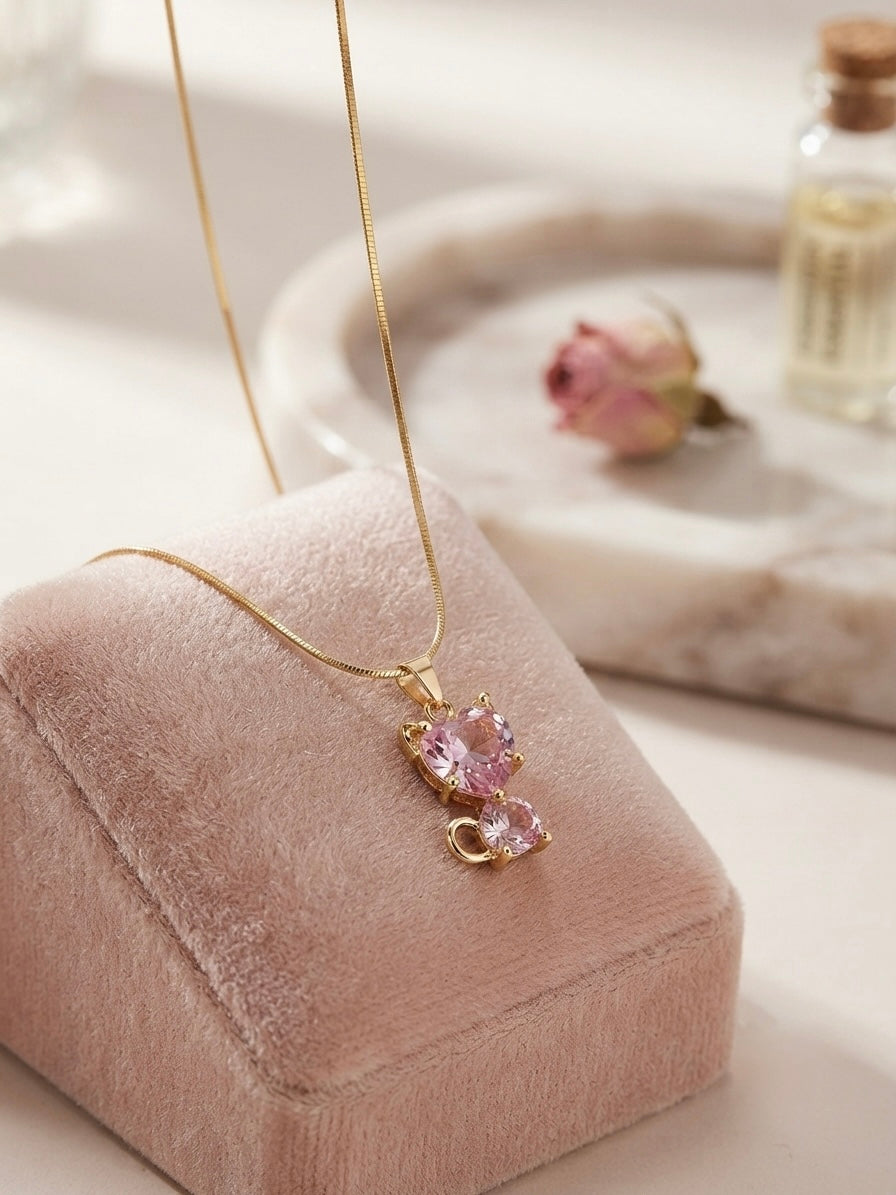 Delicate Pink Gemstone Cat Pendant