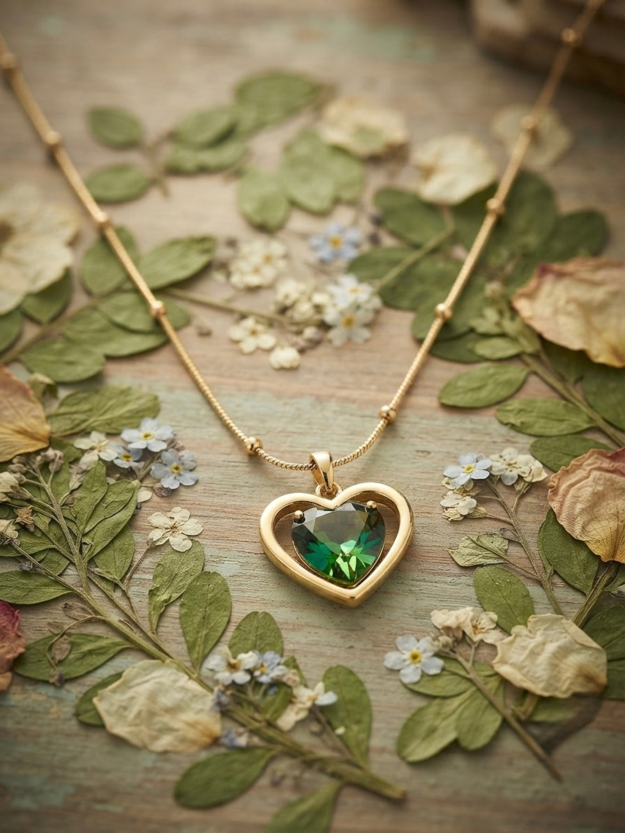 Stunning green heart, radiant gold necklace.