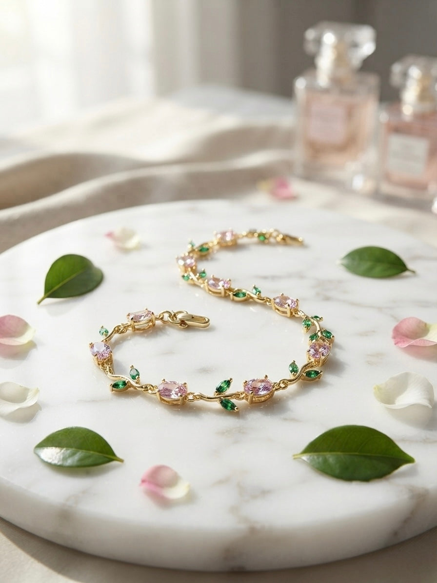 Delicate pink and green gem tulip bracelet.