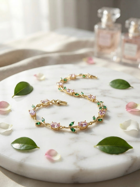 Delicate pink and green gem tulip bracelet.