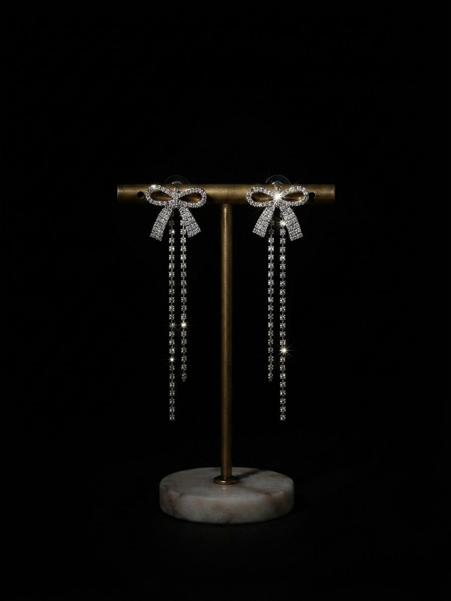 Elegant crystal bow drop statement earrings.