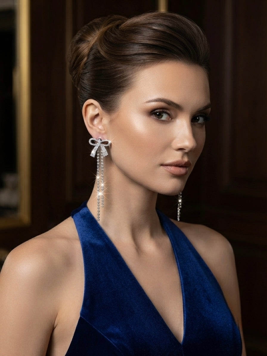Elegant crystal bow drop statement earrings.