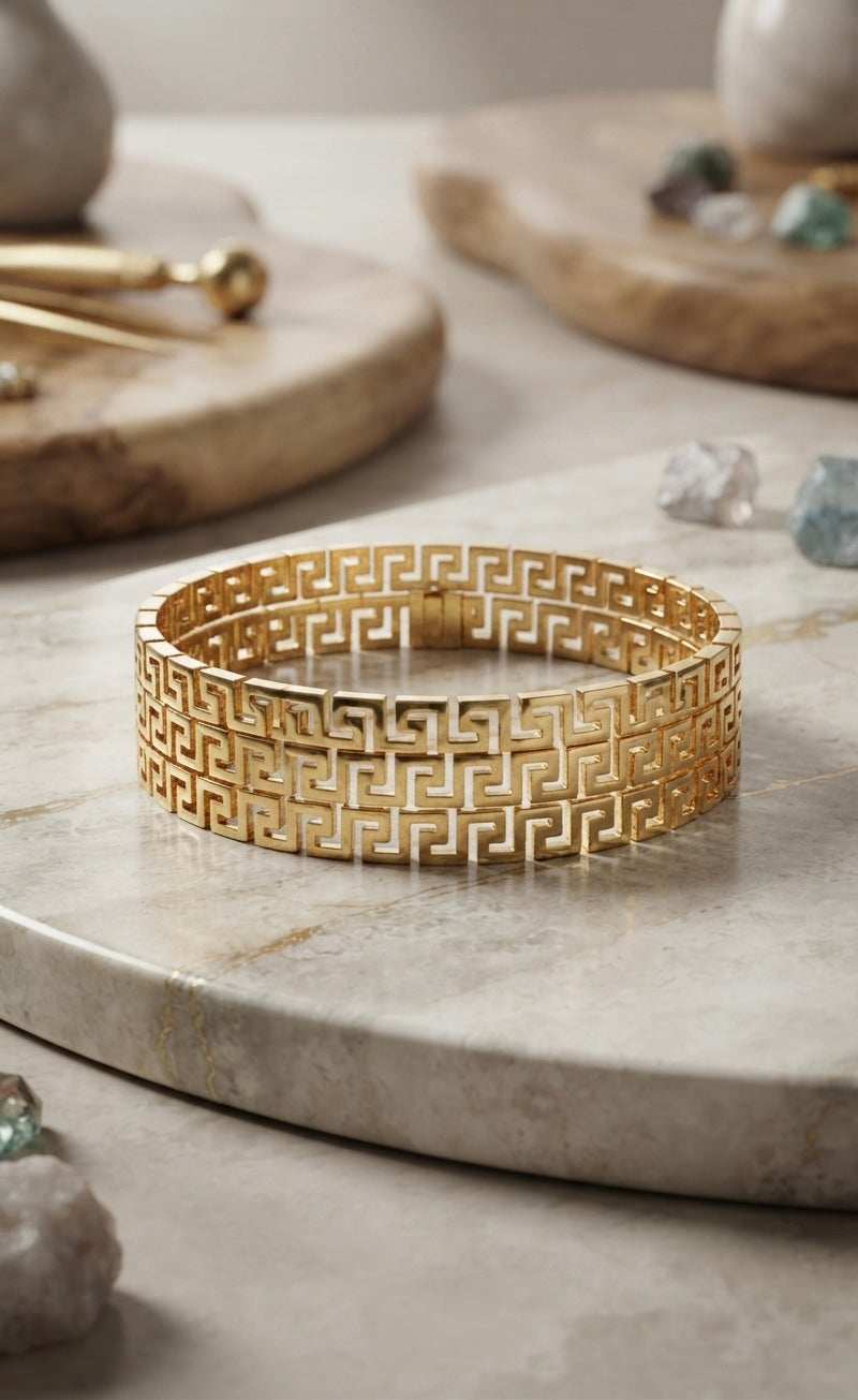 Elegant gold Greek-pattern Kada bracelet.