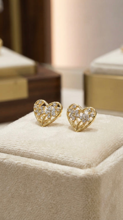 Romantic gold heart crystal stud earrings.
