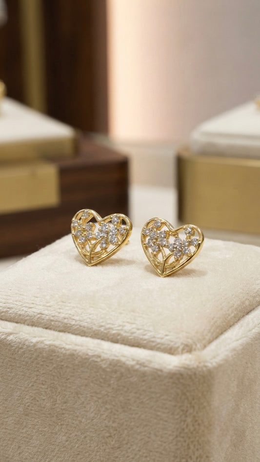 Romantic gold heart crystal stud earrings.