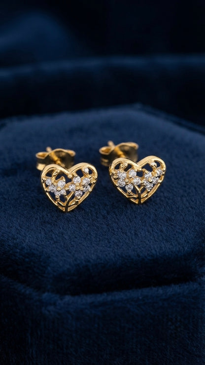 Romantic gold heart crystal stud earrings.