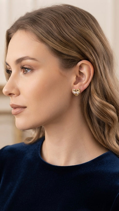 Romantic gold heart crystal stud earrings.