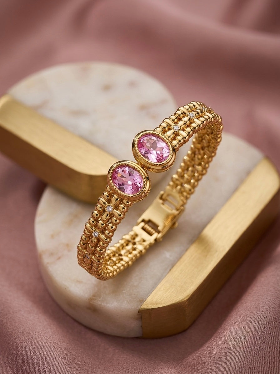 Luxurious beaded gold pink gemstone kada.
