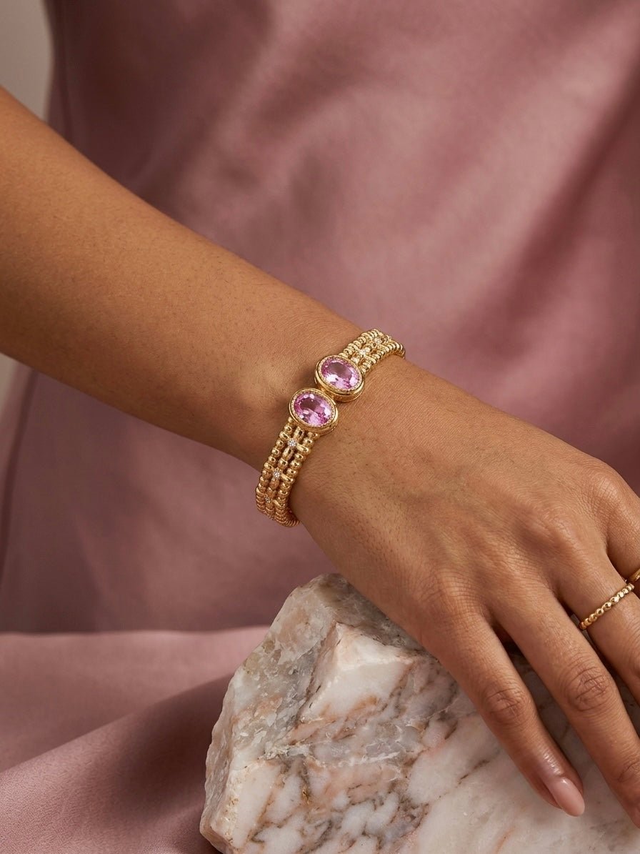 Luxurious beaded gold pink gemstone kada.