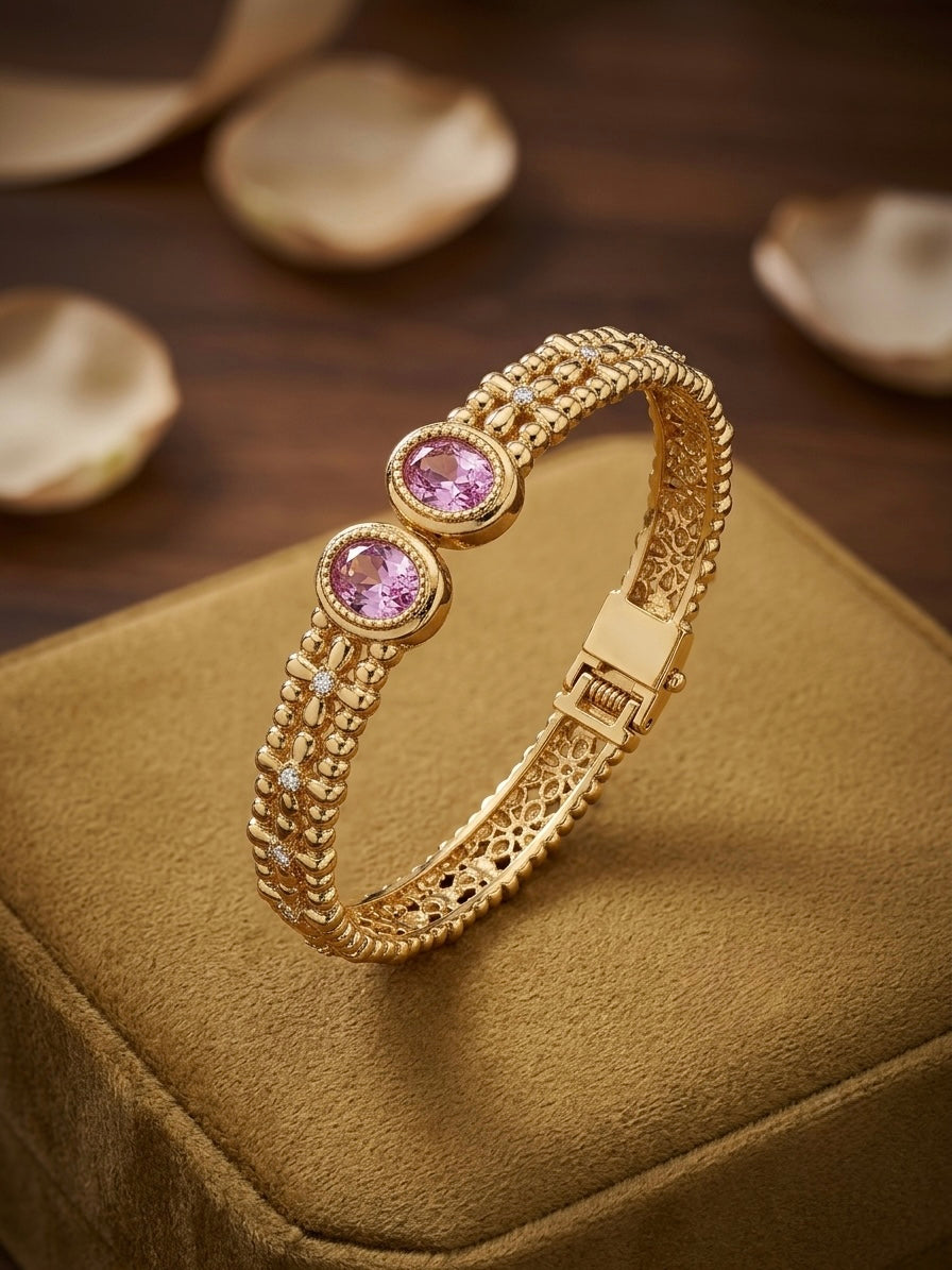 Luxurious beaded gold pink gemstone kada.