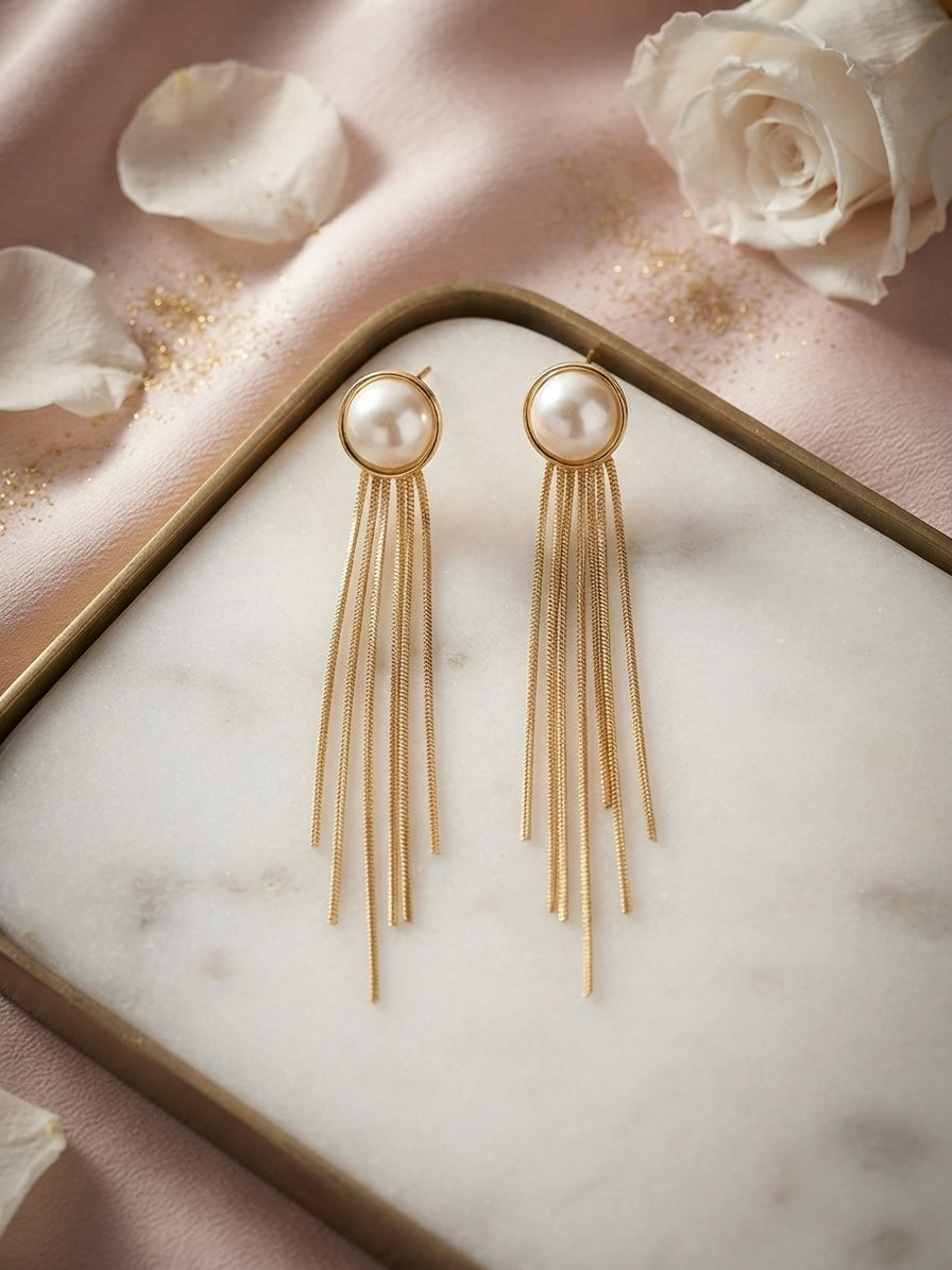Elegant pearl chain anti-tarnish earrings.