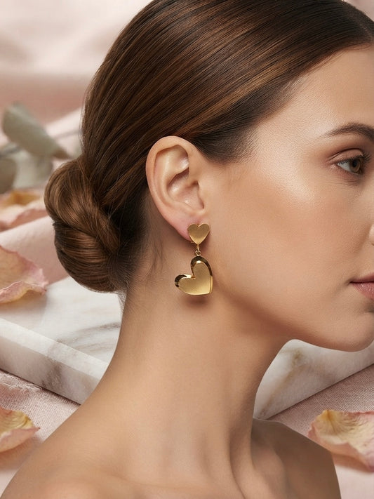 Romantic layered heart dangle gold earrings.