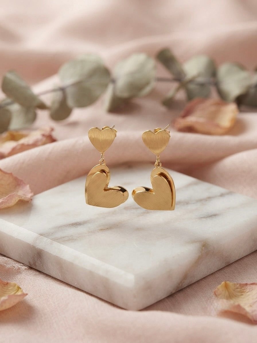 Romantic layered heart dangle gold earrings.