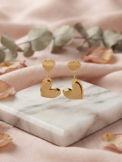 Romantic layered heart dangle gold earrings.
