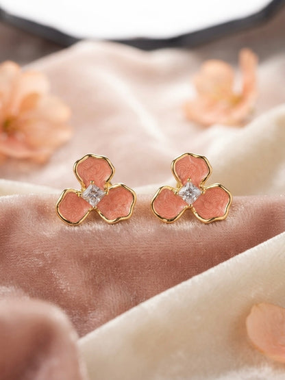 Pink enamel crystal flower stud earrings.