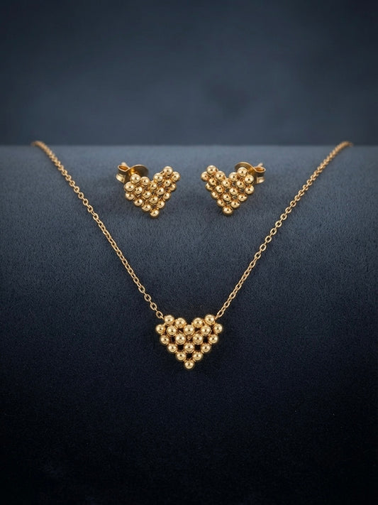 Textured gold beaded heart necklace and studs.