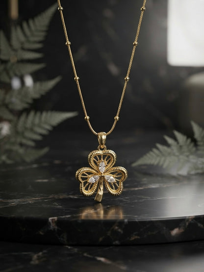 Filigree three leaf clover pendant gold necklace.