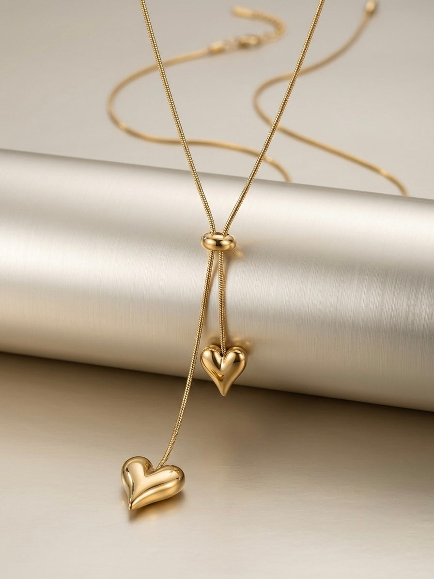 Adjustable  chain double heart lariat necklace.