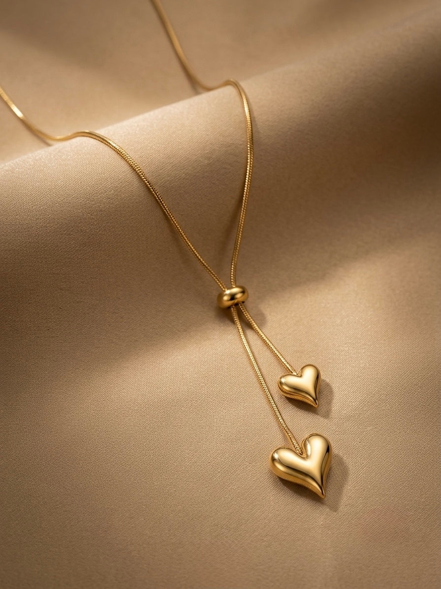 Adjustable  chain double heart lariat necklace.