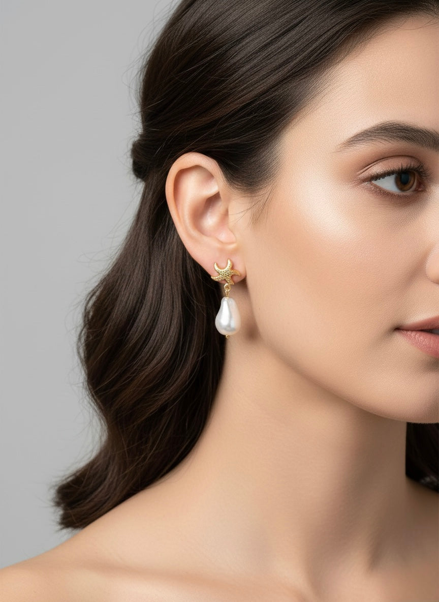 Starfish pearl drop statement earrings
