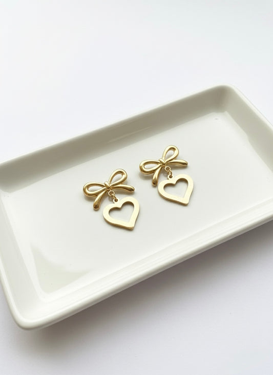 Gold bow heart drop earrings