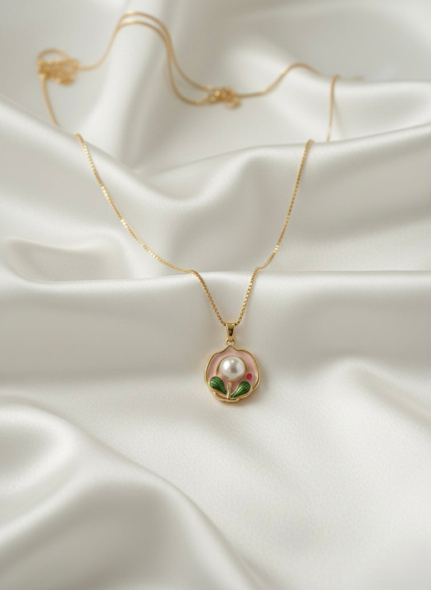 Minimal Gold Enamel Pearl Pendant
