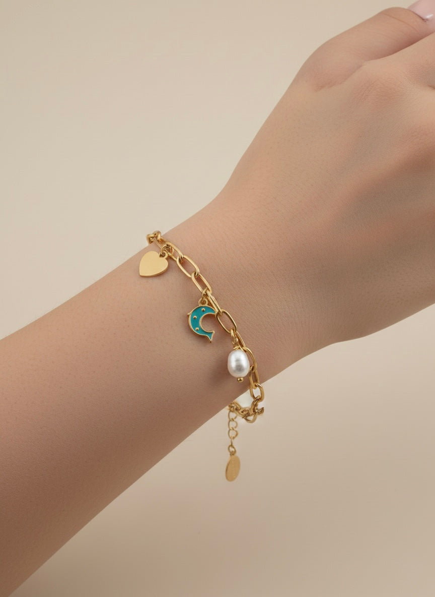 Gold Charm Bracelet with Pearl