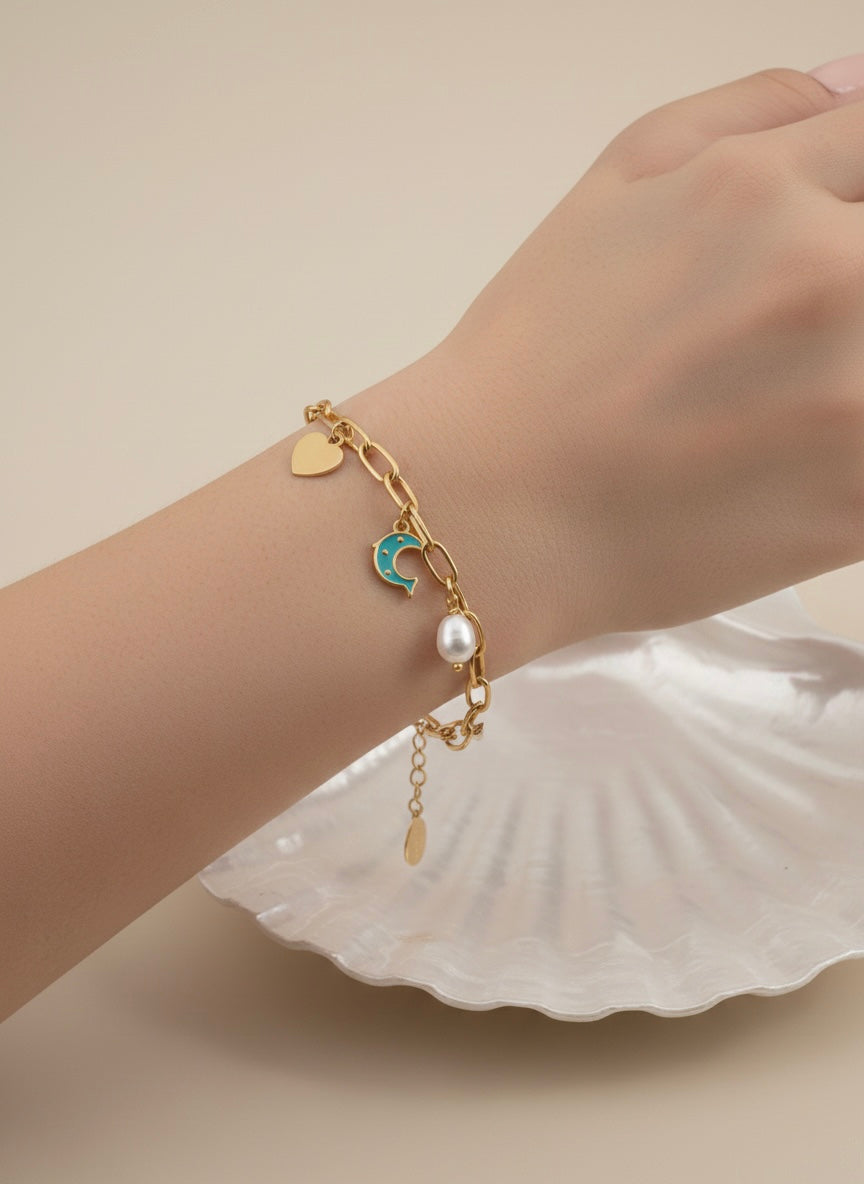 Gold Charm Bracelet with Pearl