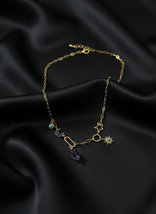Celestial charm necklace with gemstone