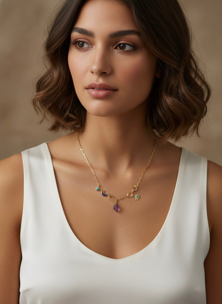 Celestial charm necklace with gemstone